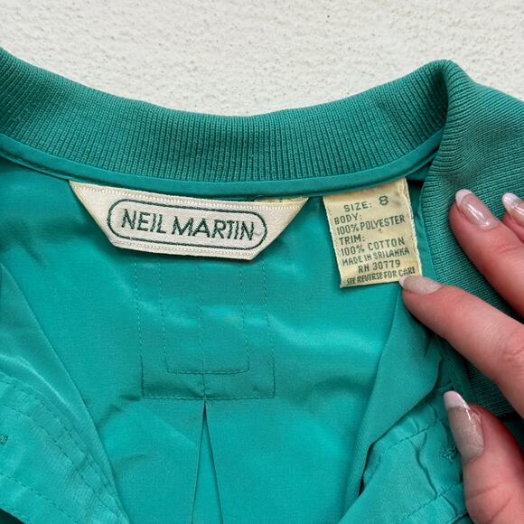 Vintage 80s Neil Martin Teal Nylon-Feel Short Sleeve Blouse Size 8 - Picture 4 of 5